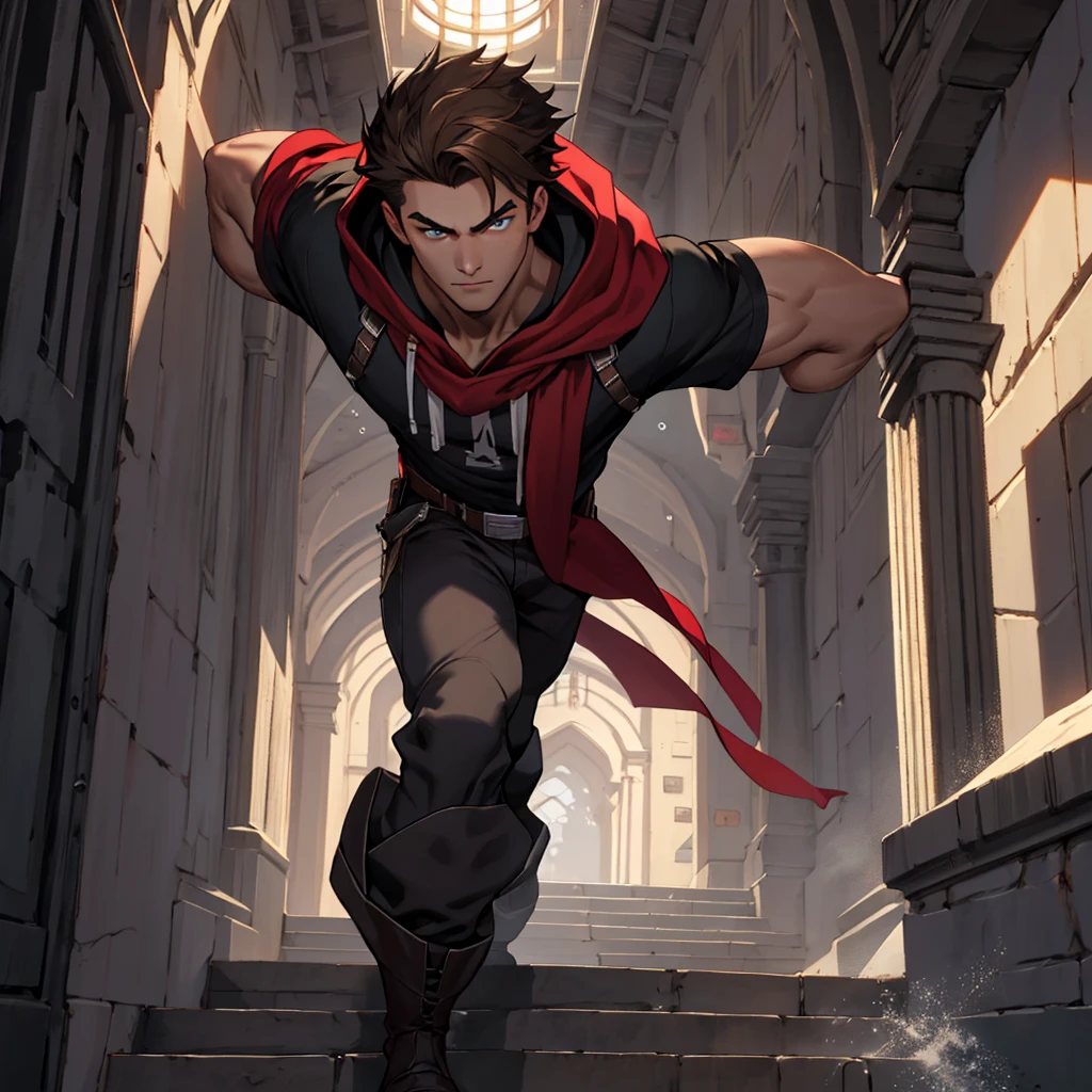 splash art an eighteen year old boy, he has fair skin, brown wavy hair, blue eyes, beautiful face, athletic body, he is wearing a tight black t-shirt with red and a dark red cloak with a hood, dynamic pose, he is in the corridors of a castle