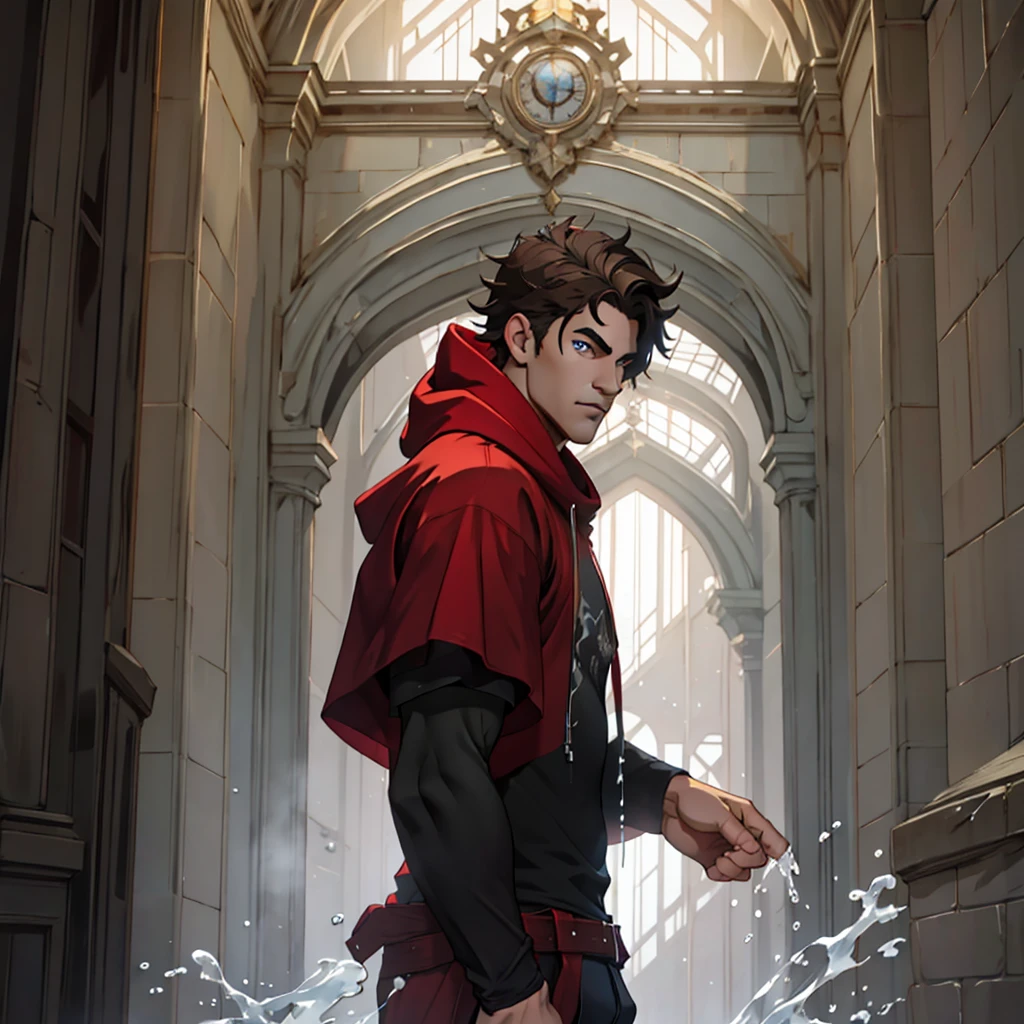 splash art an eighteen year old boy, he has fair skin, brown wavy hair, blue eyes, beautiful face, athletic body, he is wearing a tight black t-shirt with red and a dark red cloak with a hood, dynamic pose, he is in the corridors of a castle