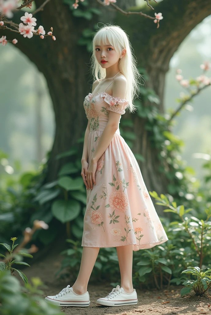 ((RAW photo), absurd, (absurdresolution)), masterpiece, best quality, (detailed wallpaper) hyperrealism, (beautiful woman, 21 years old, slim figure, white complexion)), albino hair, (bright grey eyes, sharp, defined pupil), ((red lips, made up, feminine)), (standing, slightly bent leg), (cute Japanese pose), (light dress, embroidered flowers, sneakers), ((large tree next to flowering vine)), ((global lighting, pastel colors)), (Forced Perspective). «SunPuma S»