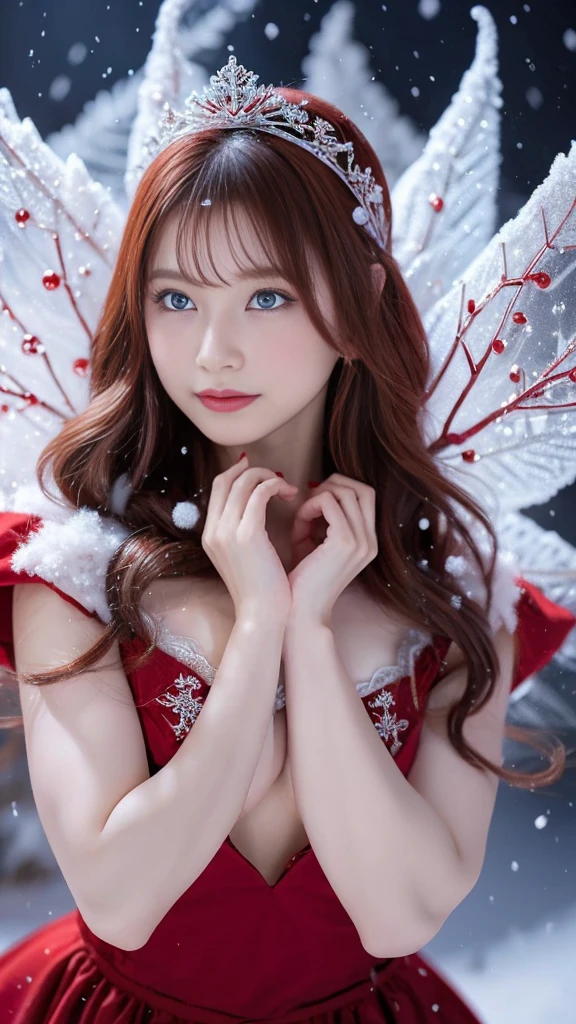 ((The Red Queen theme )), ((high quality)), masterpiece, ( detailed local depiction :1.2), One Girl,  big full breasts 、cleavage of the breast、 blue eyes , Closed Mouth,eyelash, staring at viewers ,  portrait, Alone, upper body closeup、 portrait,  red dress , Red Hair, White me,(masterpiece, 8k,  best quality ,  Kampala, Super detailed,  ultra-realistic realism ), Red, A world covered in silver, Snow covered branches, cold冬は, Snowflakes dance like fairies,  turns the world into a silver fairy tale, cold, Quiet and beautiful snow scenery, comfortable and calm, Vibrant colors, Full Body,  princess your toddler,  1 girl, Age 25,  Baby Face , Red Hair, (Artistic pose),  raise your arms