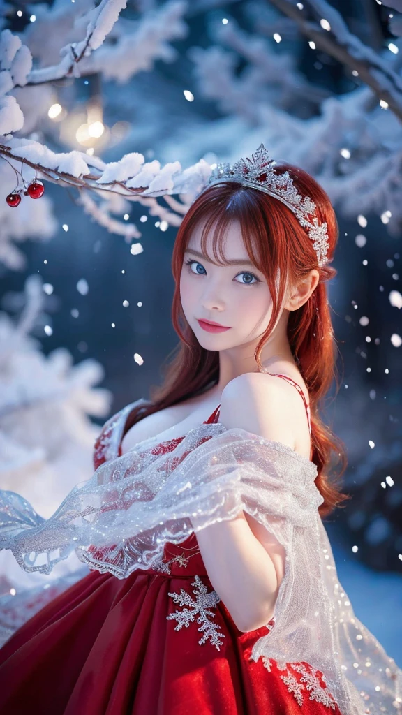 ((The Red Queen theme )), ((high quality)), masterpiece, ( detailed local depiction :1.2), One Girl,  big full breasts 、cleavage of the breast、 blue eyes , Closed Mouth,eyelash, staring at viewers ,  portrait, Alone, upper body closeup、 portrait,  red dress , Red Hair, White me,(masterpiece, 8k,  best quality ,  Kampala, Super detailed,  ultra-realistic realism ), Red, A world covered in silver, Snow covered branches, cold冬は, Snowflakes dance like fairies,  turns the world into a silver fairy tale, cold, Quiet and beautiful snow scenery, comfortable and calm, Vibrant colors, Full Body,  princess your toddler,  1 girl, Age 25,  Baby Face , Red Hair, (Artistic pose),  raise your arms