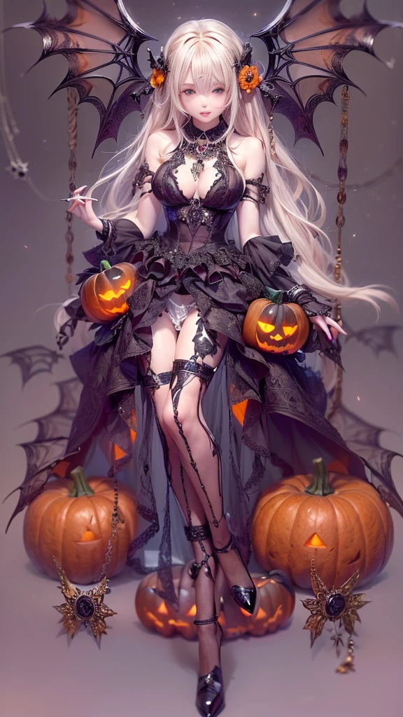 (Halloween theme:1.3), (fantasy:1.3), (vampire queen:1.3), (silver long hair:1.3), (red eyes:1.3), (vampire fangs:1.3), (extremely pretty and beautiful vampire queen:1.3), BREAK, Beautiful illustration, top-quality, (cute Russian vampire queen:1.3, Caucasian:1.3), having vampire features, (vampire queen:1.5), BREAK, (red eyes:1.5, pale skin:1.1), (beautiful, 20 years old:1.5), slim, slender, (big sagging breasts), (clean face:1.3), (vampire fangs:1.3), (ash hair:1.3), (white hair:1.3), (silver hair:1.3), BREAK, (black elegant full lacy gothic dress), (latex corset), (black latex stockings), (knee-high-over-boots, pin-hells), (insanely detailed clothes), (halloween costume), BREAK, arms behind back, arms up on head, blue eyess, lovely thighs, (jack o'lantern:1.3), (looking straight at the viewer), (view viewer:1.3), (upper body:1.3), top angle, simple black background, (((dark background:1.5))), (halloween:1.5), (halloween background:1.5), ,fantasy