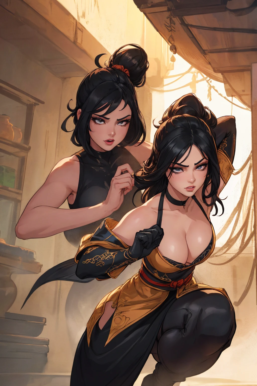 Attractive thighs　A woman wearing a Chinese dress　Large Breasts　Breasts visible from the side　Fighting in the ring