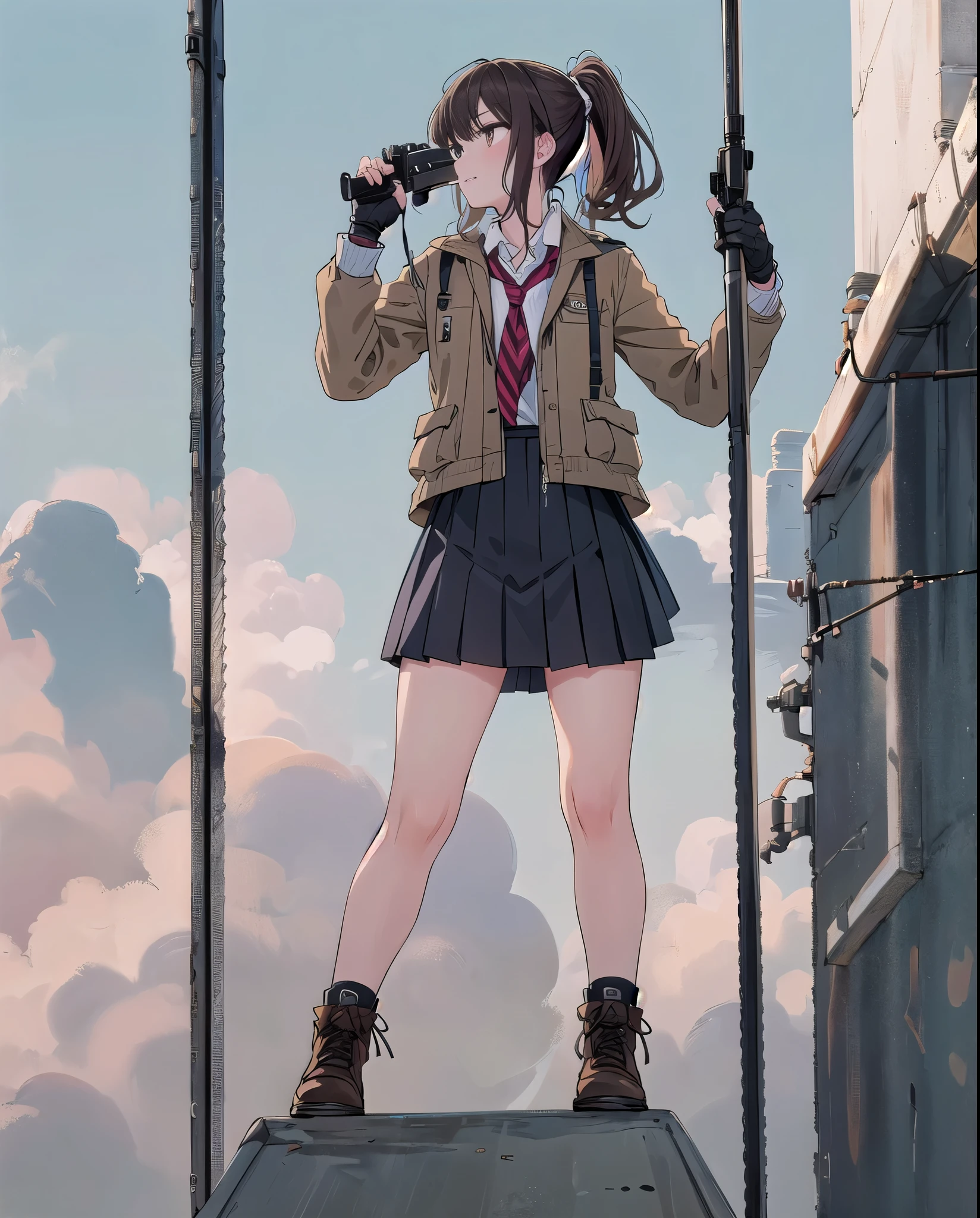   1 girl, Alone, Long Hair, On the roof, skirt, Brown Hair,   Black Hair 、Find out with binoculars , gloves, holding,   twin tails ,   Brown Eyes  ,     School Uniforms,   jacket, Full Body,   ponytail, arms, pleated skirt, shoes,   black gloves, socks,     fingerless gloves , holding arms, from side, gun, Check pattern, Knee-length, Check pattern skirt, brown footwear , white   jacket, black socks, , holding gun, rifle, tobacco, brown skirt, sniper rifle, Firing, Range  , Suppressor
