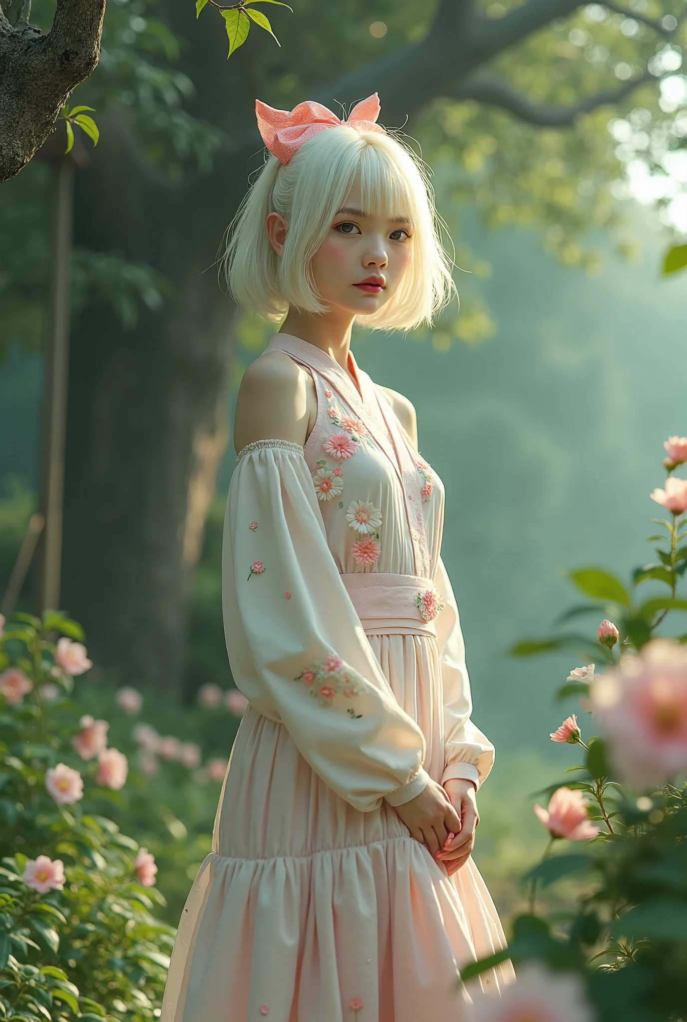 ((RAW photo), absurd, (absurdresolution)), masterpiece, best quality, (detailed wallpaper) hyperrealism, (beautiful woman, 21 years old, slim figure, white complexion)), albino hair, (bright grey eyes, sharp, defined pupil), ((red lips, made up, feminine)), (standing, slightly bent leg), (cute Japanese pose), (light dress, embroidered flowers, sneakers), ((large tree next to flowering vine)), ((global lighting, pastel colors)), (Forced Perspective). «SunPuma S»