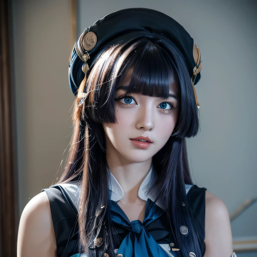 ((best quality)), ((masterpiece)), (detailed), perfect face, pela \(honkai star rail\), sleeveless military uniform, straight hair, hime cut hair, dark blue hair, black beret, light blue eyes