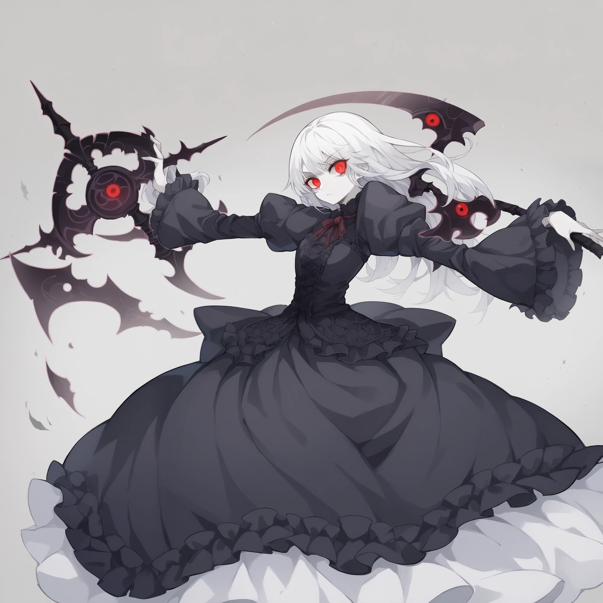 anime girl, solo, 4k absurdres, illustration, yugioh artstyle, glowing outline, gothic lolita, black clothing, pale skin, white hair, red eyes, dynamic pose, white scythe, holding scythe, dark void background,moon,open  palm, 