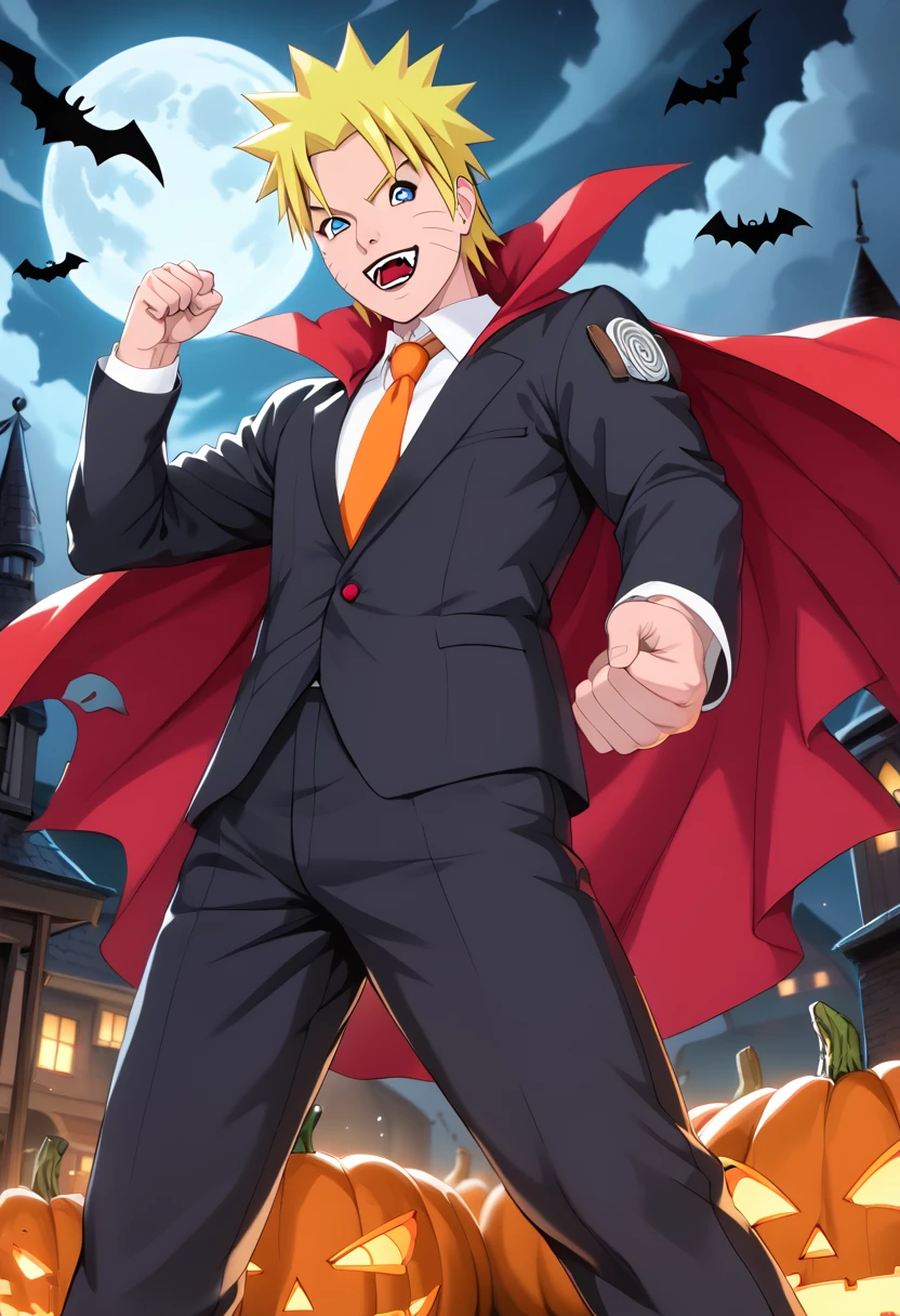 （8k，RAW Photos），（best qualityer），（masterpiece),（A high resolution），hyper-detailing，， detailed, athletic body,（naruto\）, [male, (blonde hair, blue eyes, detail black pupils), dark theme, halloween,  haunted house, vampire costum,  vampire  fangs, black and red cape, tuxedo, orange tie, fist,], 