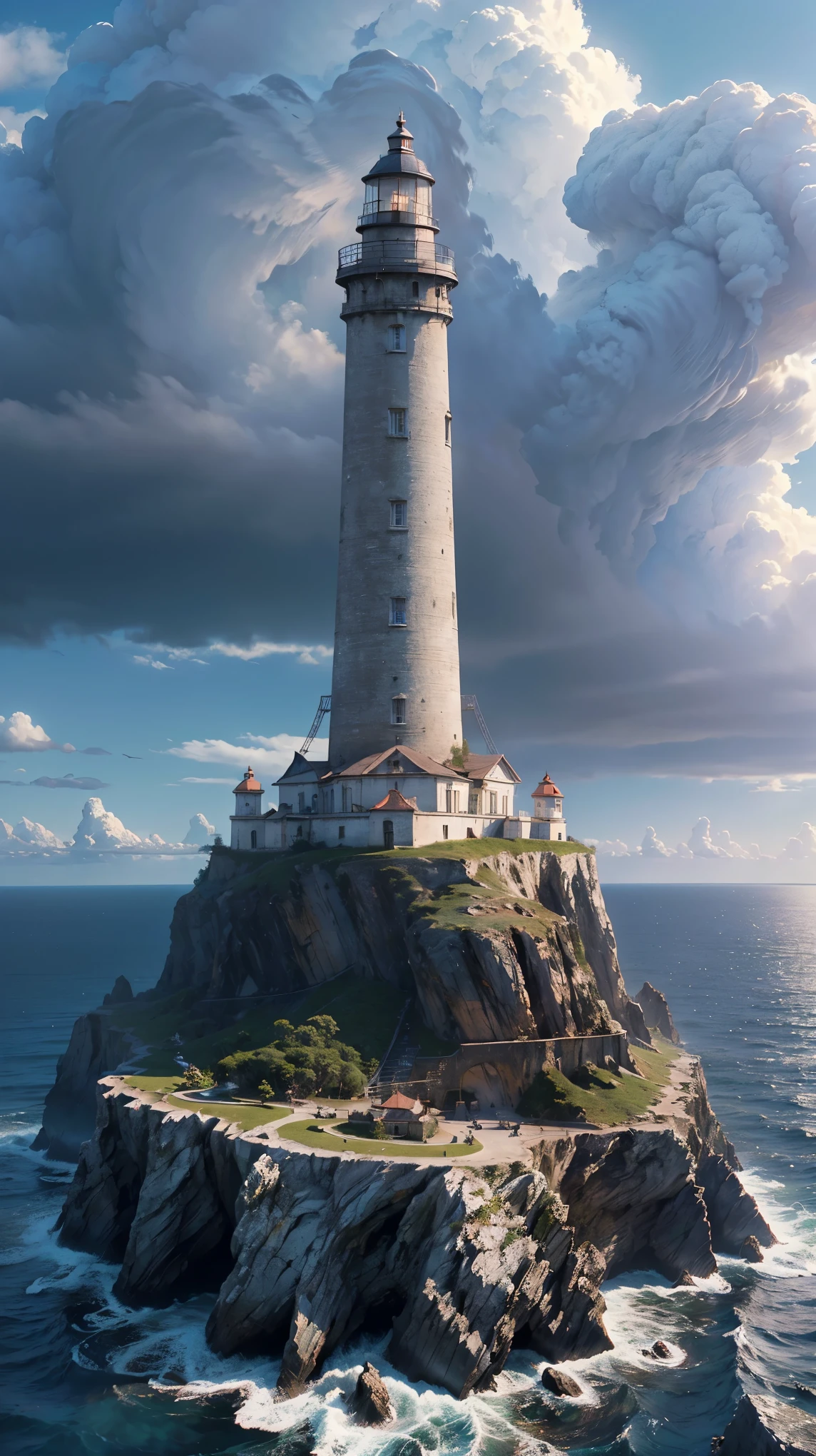 ((masterpiece, highest quality, Highest image quality, High resolution, photorealistic, Raw photo, 8K)), there is a lighthouse on a rock in the middle of the ocean, highly realistic concept art, stunning photo real concept art, ultra realistic concept art, photorrealistic concept art, hyperrealistic concept art, inspired by Raphael Lacoste, photorealistic concept art, highly detailed matte painting, lighthouse, hyperdetailed 3 d matte painting, hyperdetailed 3d matte painting
