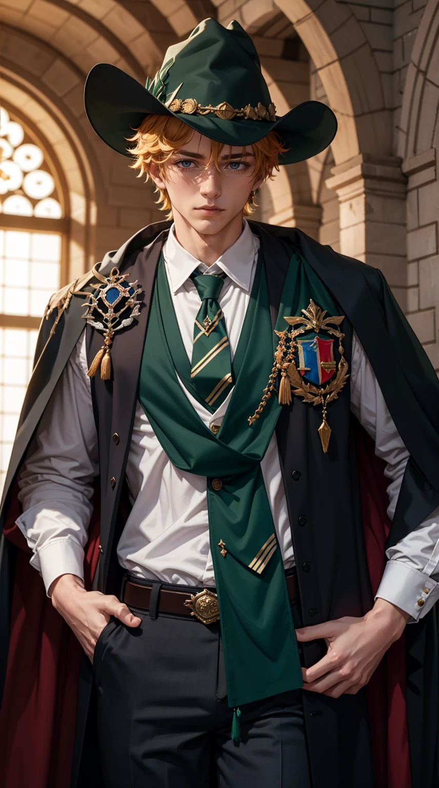 Beautiful orange hair man is shown to have a athletic figure, He is wearing Hogwarts green witch robes, green robes, British green school uniforms under robes, school vest and tie, he has blue eyes,Guy is standing in front of castle , sexy session, posing, cowboy shot, superior quality, many details, realistic