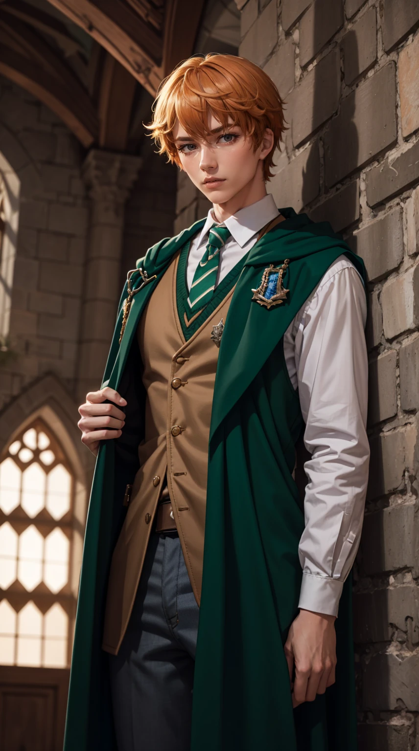 Beautiful orange hair man is shown to have a athletic figure, He is wearing Hogwarts green witch robes, green robes, British green school uniforms under robes, school vest and tie, he has blue eyes,Guy is standing in front of castle , sexy session, posing, cowboy shot, superior quality, many details, realistic