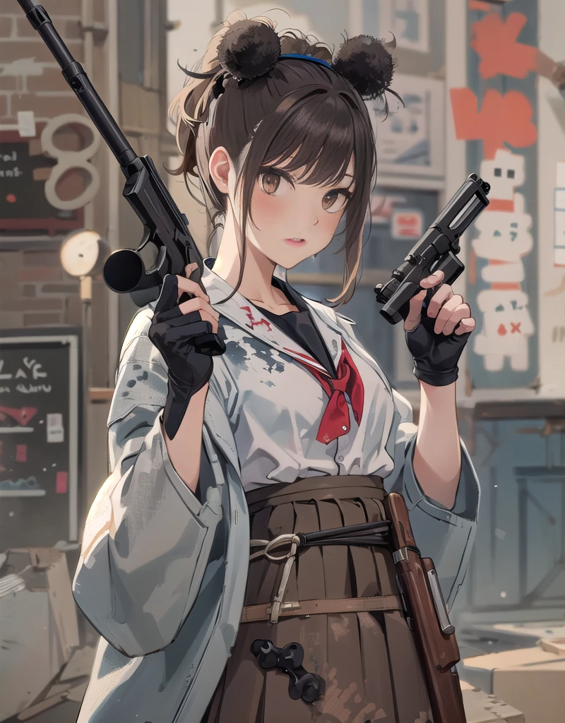   1 girl, Alone, Long Hair,  At the pub, skirt, Brown Hair,   Black Hair  , gloves, holding,   twin tails ,   Brown Eyes  ,     School Uniforms,   jacket, Full Body,   ponytail, arms, pleated skirt, shoes,   black gloves, socks,     fingerless gloves , holding arms, from side, gun, Check pattern, Knee-length, Check pattern skirt, brown footwear , white   jacket, black socks, , holding gun, rifle, tobacco, brown skirt, sniper rifle, Firing, Range  , Suppressor
