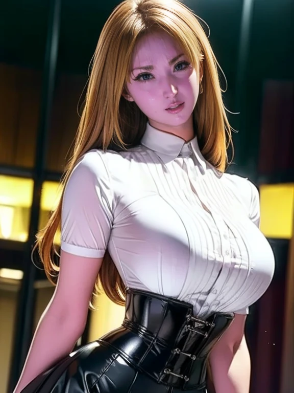  Full Body Shot 、8k, masterpiece, RAW photo,   best quality , Realistic,  Elegant suit wearing high-resolution CG Unity 8K wallpaper,   depth of field, Cinematic Light,   lens flare ,   ray tracing , (   very beautiful face   , Beautiful Lips,   beautiful eyes),  Detailed face , ((Ultra-detailed skins)) One Girl, In the Dark, deepshadow, Cute Korean Girl,  K-POPアイドル ,   1 girl, (Very slim and slendet muscular body:1.3), (( Viewers)),(Big smile:1.3), ( blurred background),( There's no one behind  :1.3),  beautiful earrings ,  bracelet, Clear Eyes, walk, (Pale skin), (Big Eyes), look forward to, (Golden bristles), ( Full Body Shot ), , ((Blue high waist skirt)), , ( Viewers:1.3) Open chest, Very slim, medium breasts, focus on butt, In front of eyebrows, Thick thighs(( white shirt :1.3)), ( double breasted,  Underbust :1.2), Short sleeve,  button gap ,  frameless glasses  ,  CORSET BELTS  ,Beautiful shortcuts,blonde,
