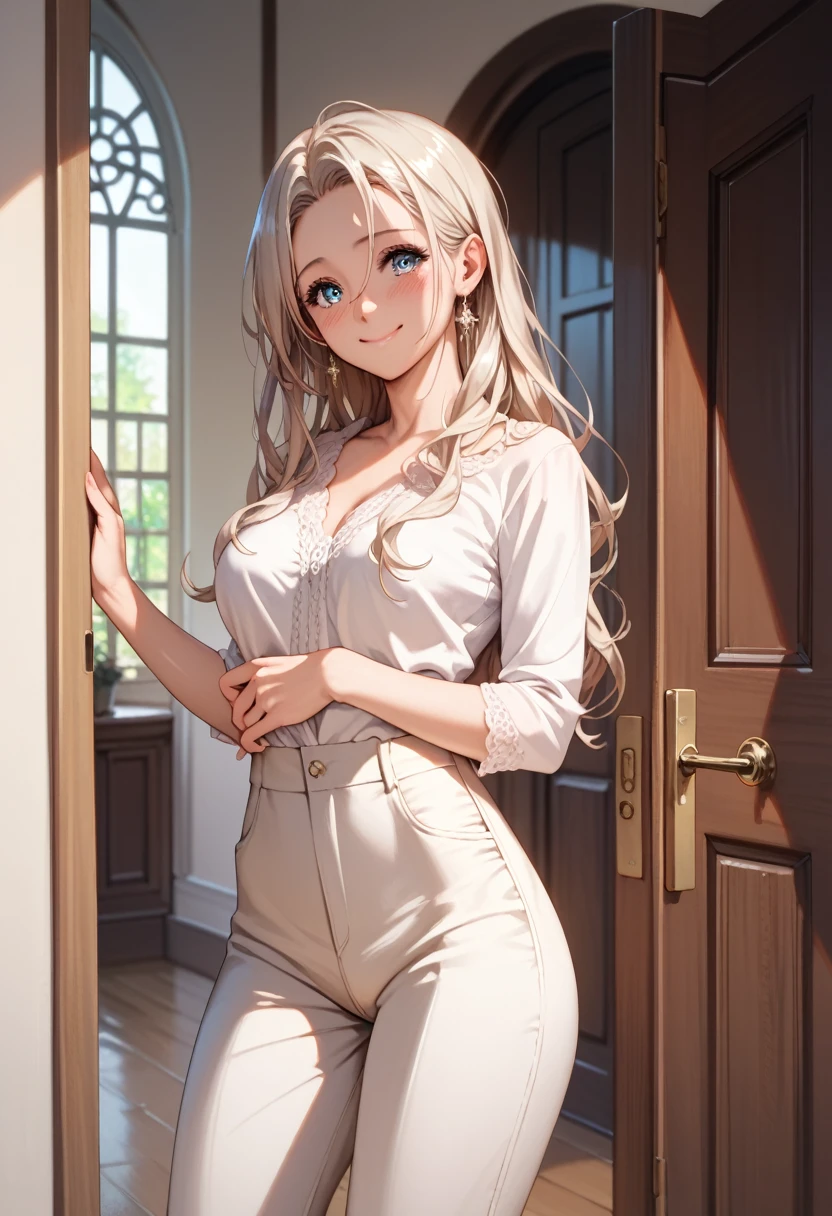 ( masterpiece,  Best quality :1.2),  detailed face, detailed eyes, elegant woman, long hair, high jump,shiny skin, shy smile , welcomes you at the door , white door, shirt,  wide and transparent long pants, Ambiente Praiano 