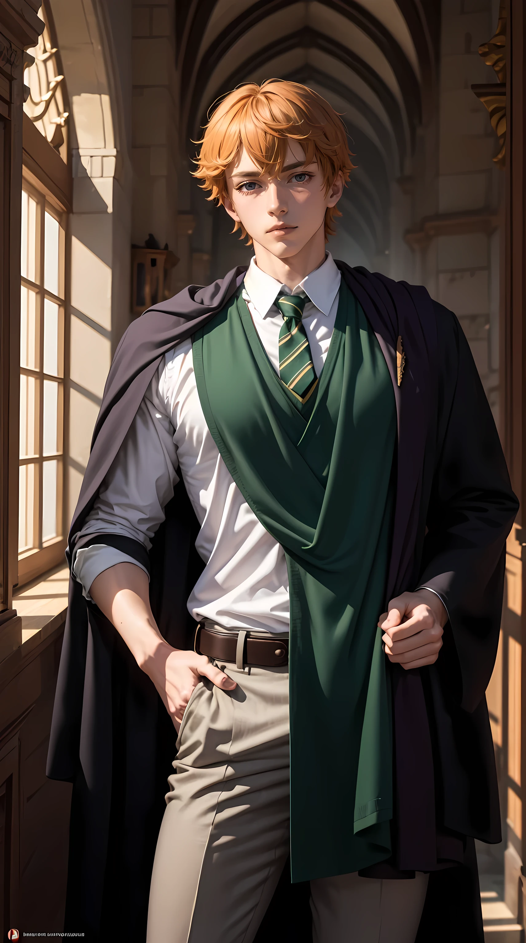 Beautiful orange hair man is shown to have a athletic figure, He is wearing Hogwarts green witch robes, green robes, British green school uniforms under robes, school vest and tie, he has blue eyes,Guy is standing in front of castle , sexy session, posing, cowboy shot, superior quality, many details, realistic