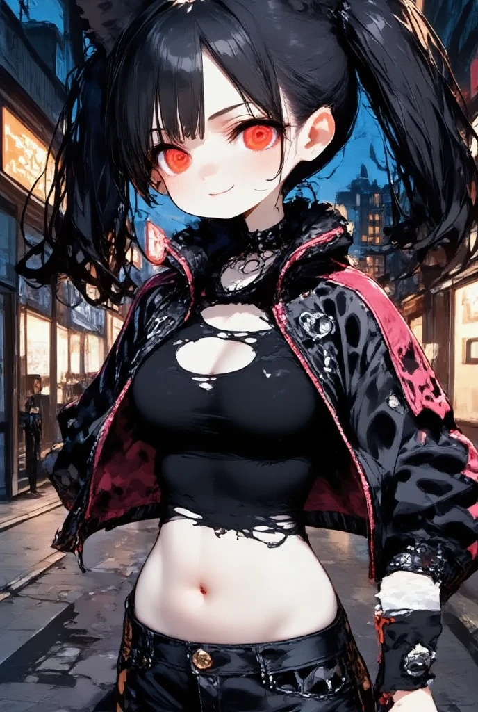 
 girl\(cute, Cute, ,Bad Smile, Black Hair ,Long Hair, twin tail hair ,Pale skin, Skin color is blue, Red eyes,  eyes are shining,Big Eyes,chest, punk fashion ,Torn clothes, tight tube top , tight hot pants,The stomach is visible, torn black short jacket,Fluffy black cat ears, dynamic poses ,spiral eyes,bang\),  background \(outside, Noisy city, Backstreet, Narrow Street,  neon light, At night\)