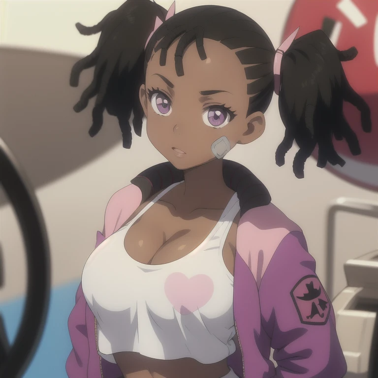 1girl, dreadlocks, solo, dark_skin, very_dark_skin, breasts, dark-skinned_female, twintails, midriff, cleavage, bandaid, bandaid_on_face, tank_top, navel, transparent_background, crop_top, purple_eyes, medium_breasts, belt, black_hair, jacket