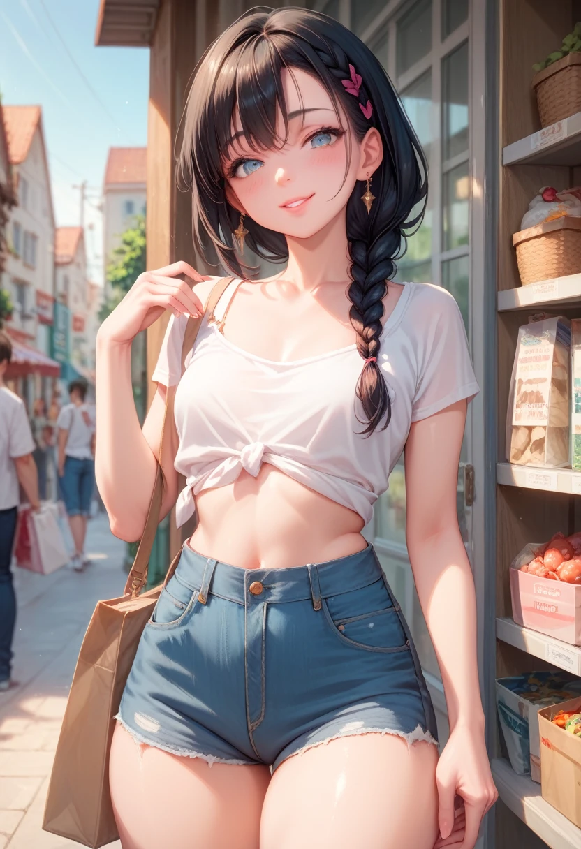 perfect details,  a sexy woman wearing her braided black hair, looking seductively and smiling, soft lips, blushed intensely , White top, short jeans,thick thighs,No shopping  , medium chest,   perfect body  , 