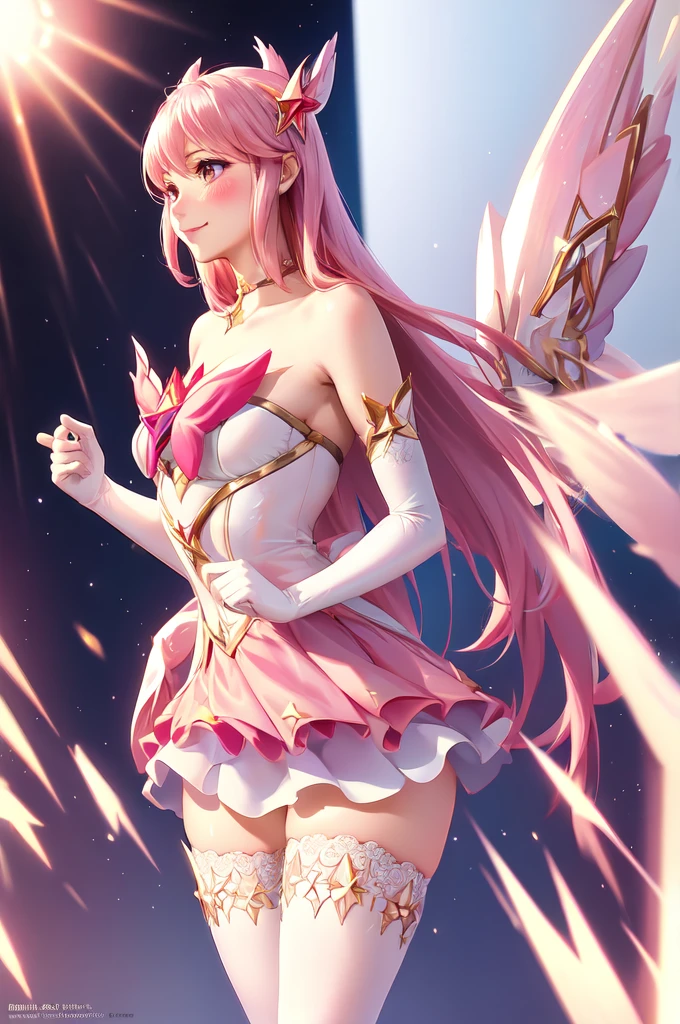 naked, (solo, 1girl), (absurdres, ,highres, official wallpaper, poster), (masterpiece, best quality:1.2), (illustration, realistic), (perfect details, highest detailed, extreme detailed), dramatic light, starguardiankaisa,(white thighhighs, elbow gloves, hair ornament, dress, star \(symbol\), choker, star guardian \(league of legends\), pink hair, long hair, wings), (smile, blush, standing, street, sunlight)