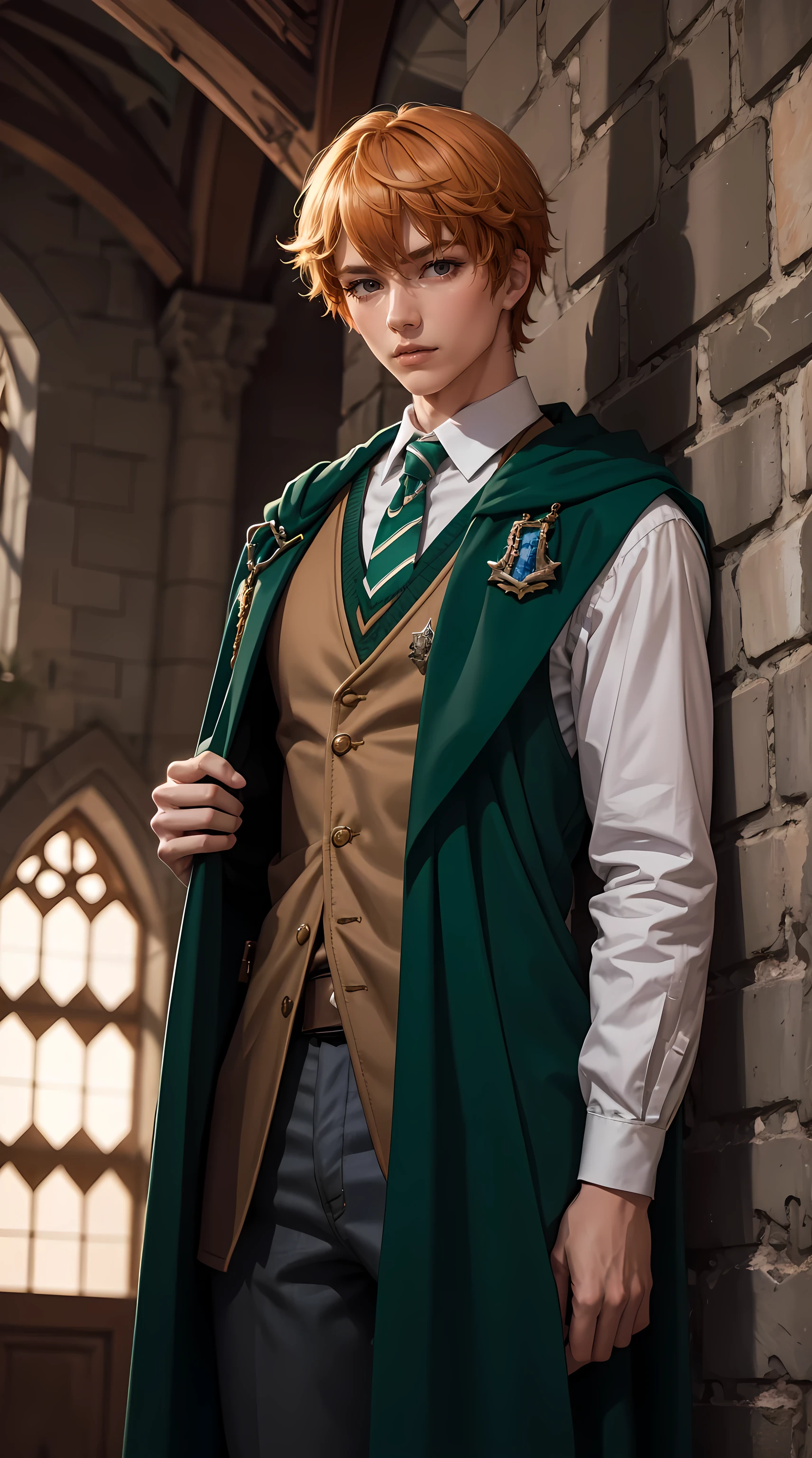 Beautiful orange hair man is shown to have a athletic figure, He is wearing Hogwarts green witch robes, green robes, British green school uniforms under robes, school vest and tie, he has blue eyes,Guy is standing in front of castle , sexy session, posing, cowboy shot, superior quality, many details, realistic