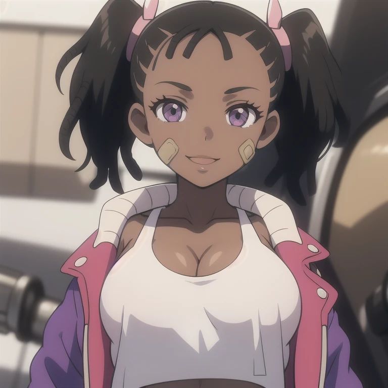 1girl, dreadlocks, solo, pale_skin, very_pale_skin, breasts, pale-skinned_female, twintails, midriff, cleavage, bandaid, bandaid_on_face, tank_top, navel, transparent_background, crop_top, purple_eyes, medium_breasts, belt, black_hair, jacket, smile