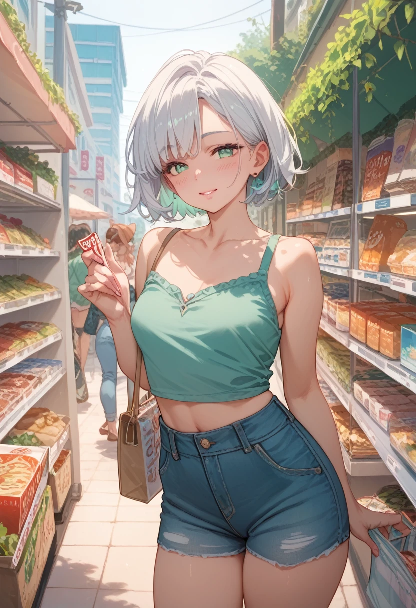 perfect details,  a sexy woman wearing her short white hair , looking seductively and smiling, soft lips, blushed intensely ,  mint green top , short jeans,thick thighs,Shopping  , medium chest,   perfect body  , 