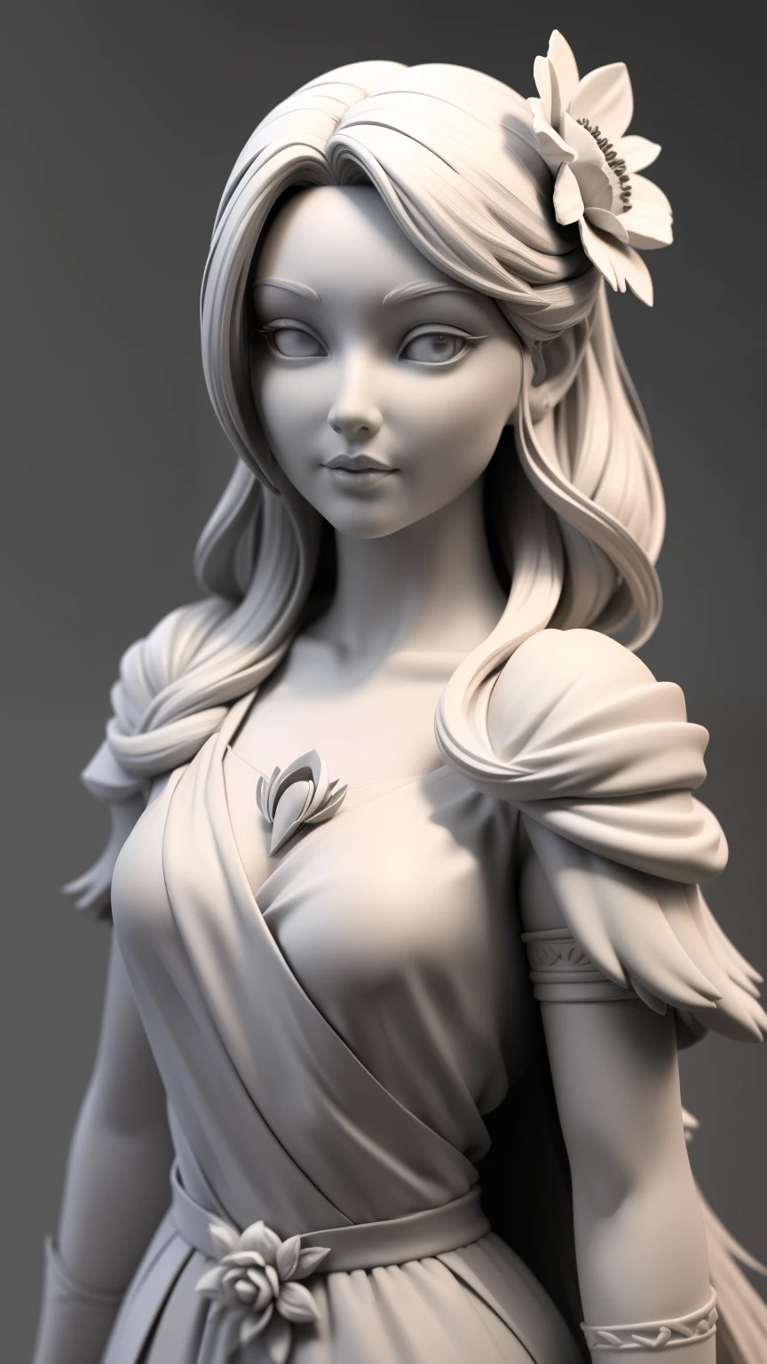 3dmm, gray clay style with monochrome light ,(masterpiece, best quality ), grayscale, ZBXR , 1 girl , Alone, chest, Hair Ornament, flower, hair flower, grey background , simple background, medium chest, upper body, White Eyes, dress, Samothrake's goddess of victory