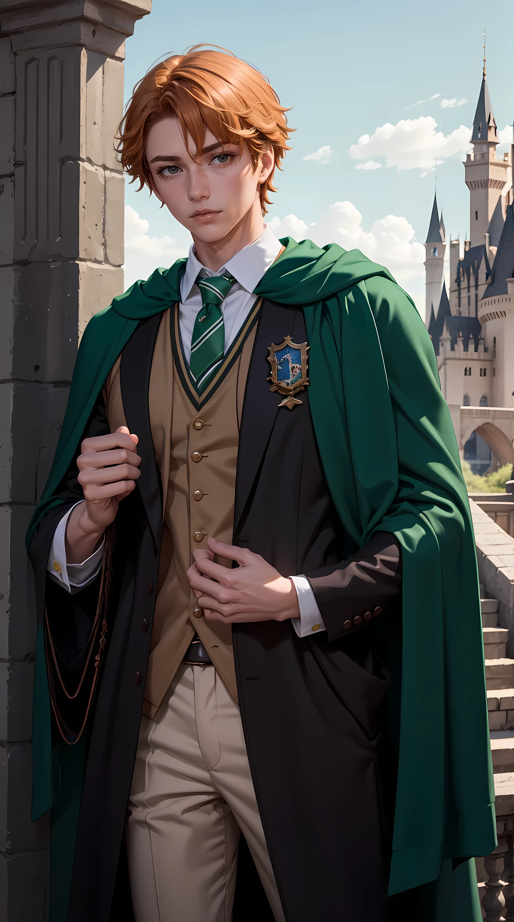 Beautiful orange hair man is shown to have a athletic figure, He is wearing Hogwarts green witch robes, green robes, British green school uniforms under robes, school vest and tie, he has blue eyes,Guy is standing in front of castle , sexy session, posing, cowboy shot, superior quality, many details, realistic