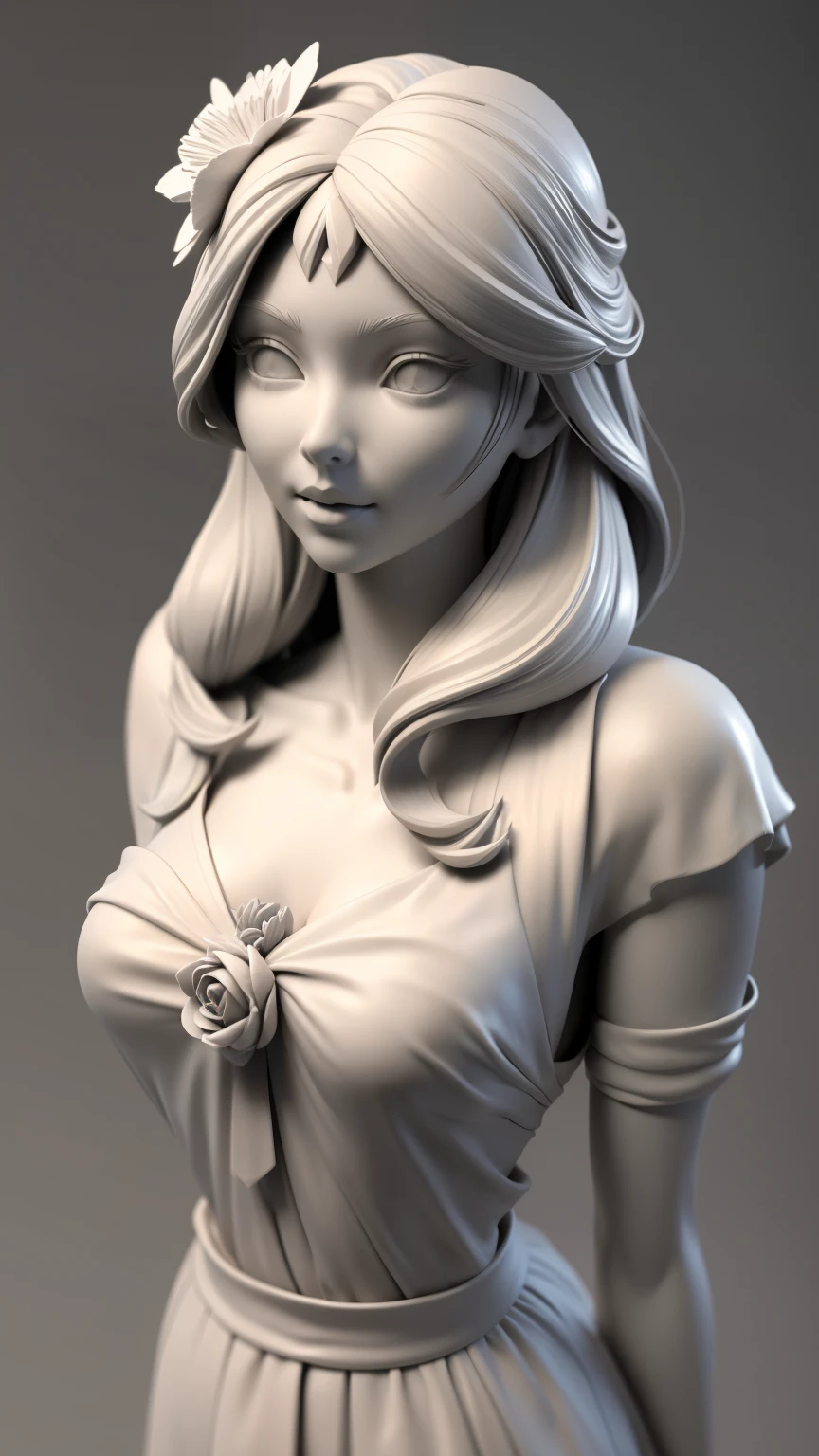 3dmm, gray clay style with monochrome light ,(masterpiece, best quality ), grayscale, ZBXR , 1 girl , Alone, chest, Hair Ornament, flower, hair flower, grey background , simple background, medium chest, upper body, White Eyes, dress, Samothrake's goddess of victory