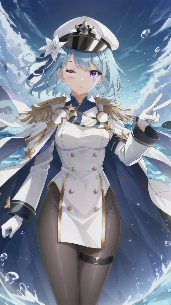 NCLandy,  1 girl , Alone,  blue hair ,  short hair,  braid, Brown pantyhose,  white cape,  Portrait in white military uniform  ,  purple eyes, White peaked cap, White gloves, Epaulettes,  thigh strap ,  white sleeves ,  close-up shot of the upper body , Sideways peace sign, Idol Pose,  One eye closed, Splash,   Standing Underwater  , Sea view, Sparkling,  illustration, Professional photos,  trending on ArtStation, masterpiece,  Colorful Palettes , Stylistic Background, Splash art background, White flower hair ornament