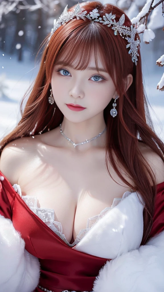 ((The Red Queen theme )), ((high quality)), masterpiece, ( detailed local depiction :1.2), One Girl,  big full breasts 、cleavage of the breast,  blue eyes , Closed Mouth,eyelash, staring at viewers ,  portrait, Alone,  upper body closeup、 portrait,  red dress , Red Hair, White me,(masterpiece, 8k,  best quality ,  Kampala, Super detailed,  Ultra Realistic Realism ), Red, A world covered in silver, Snow covered branches, cold冬は, Snowflakes dance like fairies,  turns the world into a silver fairy tale, cold, Quiet and beautiful snow scenery, comfortable and calm, Vibrant colors, Full Body,  princess your ddler,  1 girl, Ag5,  Baby d Hair, (Artistic pose),  raise your arms