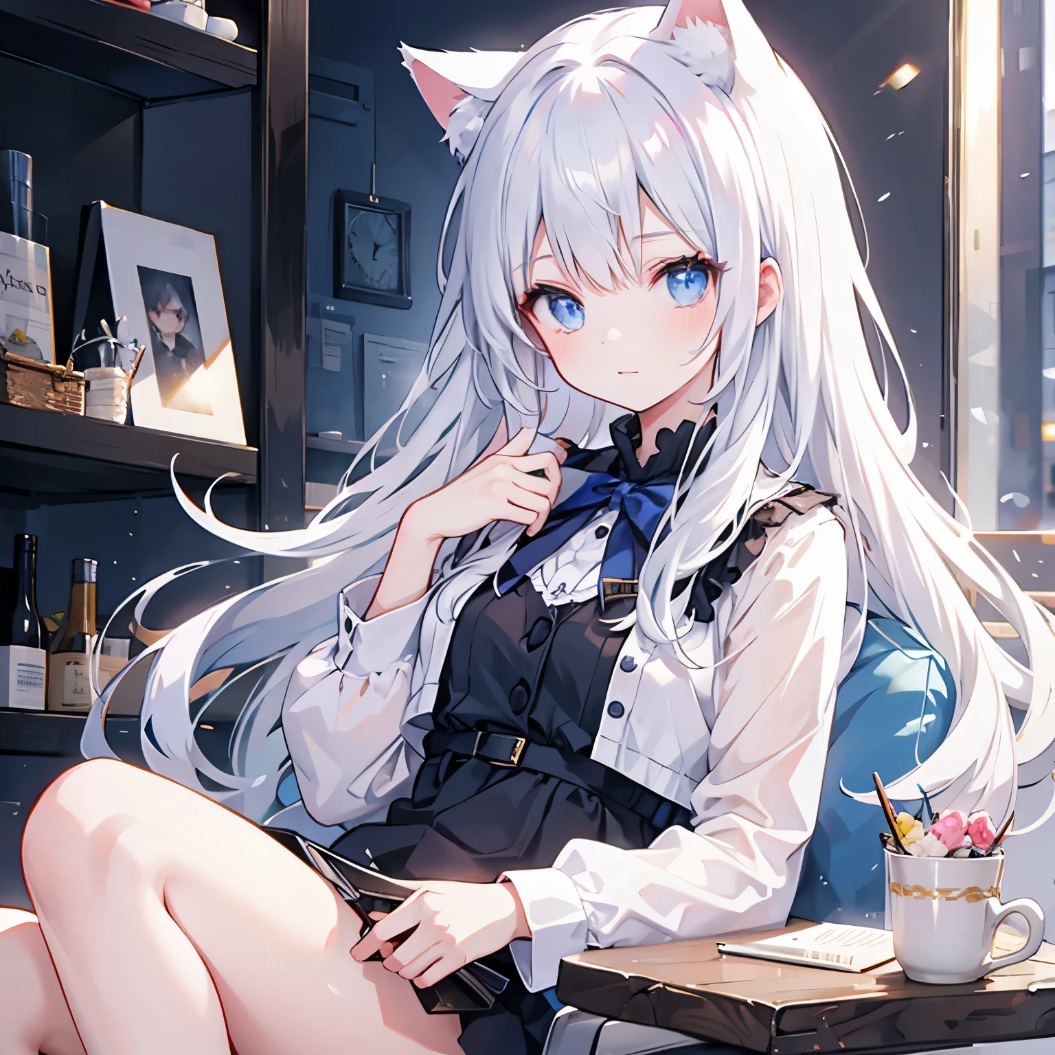 1 Girl, This will be,  Viewers , White hair,  nothing , Cat ears, Cat&#39;s Tail,  white shirt,  open dress  , City, Hakuko Tomoe 