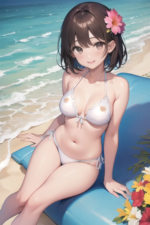 Photorealistic、Highest quality、Highest Resolution、Highest quality、８Ｋ、1人のBeautiful woman、Beautiful woman、Beautiful woman、cute、Bob cut hair、Dark Hair Color、Pale blue eyes、cute水着、Sunny day pool、Swim ring、smile、looks fun、