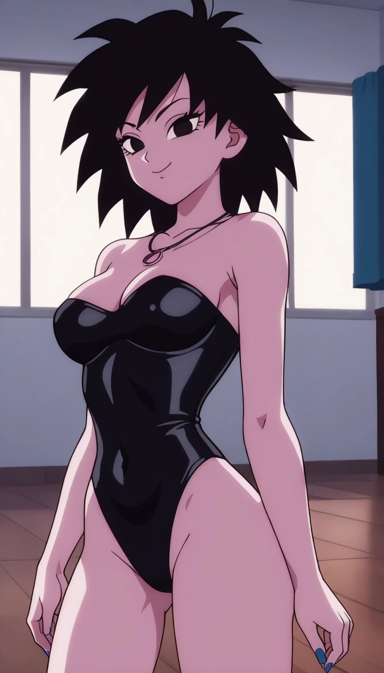 source_anime, score_9, score_8_up, score_7_up, anime screencap, absurd res, official style, gine, 1girl, solo, black hair, black eyes, closed mouth, bare shoulders, medium breast, a seductive smile, mouth closed, short black leather bodycon dress, strapless, sexy, sexual arousal, cleavage, necklace, blue nails, dance floor, night club, smile, looking at viewers, cowboy shot, indoors, disco lighting ,
