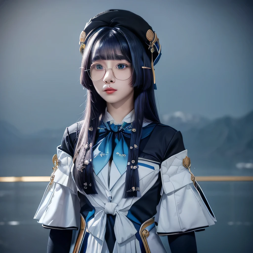 ((best quality)), ((masterpiece)), (detailed), perfect face, pela \(honkai star rail\), straight hair, hime cut hair, dark blue hair, light blue eyes, black beret, round glasses, white uniform, detached white sleeves, black gloves, light blue tie, white ribbon, golden ornaments, hair clips, 