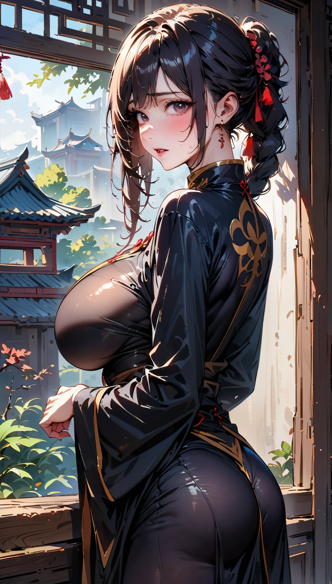 UHD, retina, masterpiece, accurate, anatomically correct, textured skin, best quality, highres, 1080P, 16k,SOLO,1 female,black long hair,long braid,long braid, jeweled branch of hourai,huge oppai,solo,shiny skin,sweating skin,(Wearing a black Taoist tight robe:1.7),Chinese Garden,(From side),(Look back),(Open pose)