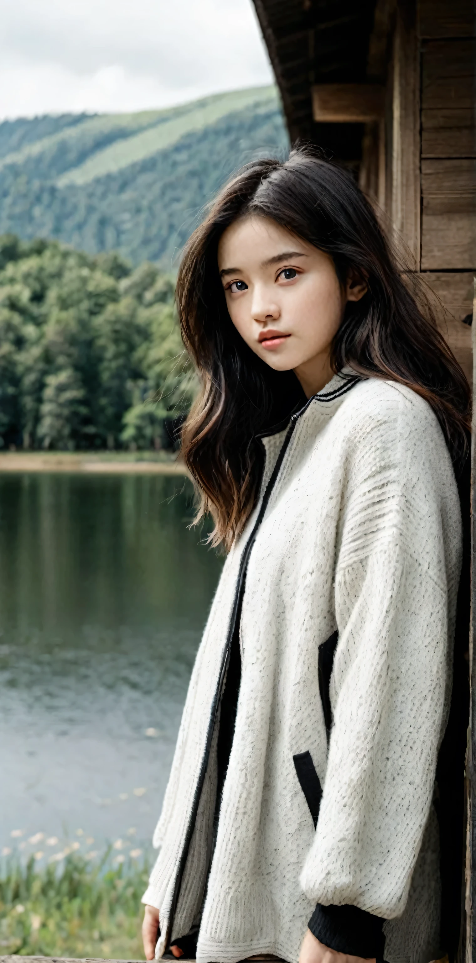 arafed woman standing by a tree by a lake, gorgeous young model, Cardigan, young and cute girl, young girl, portrait sophie mudd, cute young girl, ( ivory black ), young wan angel, Mackenzie Foy, inspired by Tang Yifen, dilraba dilmurat, young asian girl, heise-lian yan fang, young woman