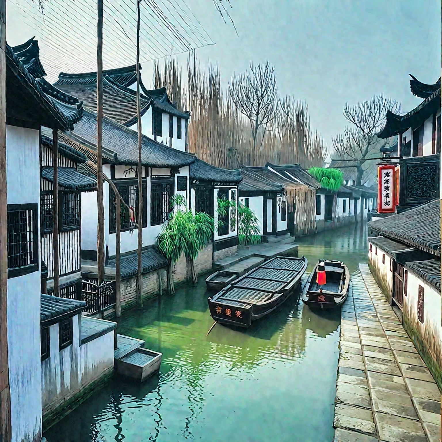 arafed canal with boats and buildings in a small town, zhouzhuang ancient town, dreamy chinese town, chinese village, beautiful image, ancient chinese architecture, by Li Zai, chinese architecture, by Ni Yuanlu, 🤬 🤮 💕 🎀, twisted waterway, canals, chinese style, canal, stunning sight, ancient city streets behind her