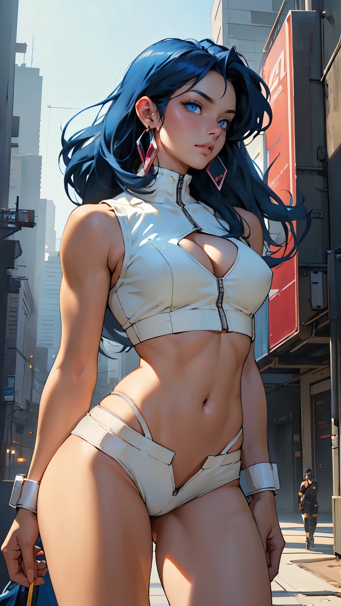 ((Masterpiece, highest quality; 1.3)), super quality, beautiful detail, super detailed, extra fine, 16K, exquisite, absurd, high resolution, beautiful background, detailed background, beautiful eyes, beautiful skin, anime style, dirtypairyuri, Dirty Pair Yuri in a skimpy light yellow outfit, long blue hair, blue eyes, earrings, white yellow uniform, white crop top, cutout, sleeveless, wearing tight clothing, skimpy, (breasts: 1.2), cleavage, cleavage, , obliques, fit arms, slim waist, ((wide hips)), fit thighs, (thigh gap), showing stomach, (skinny frame), wide hips, cyberpunk city background, holding a retro space gun