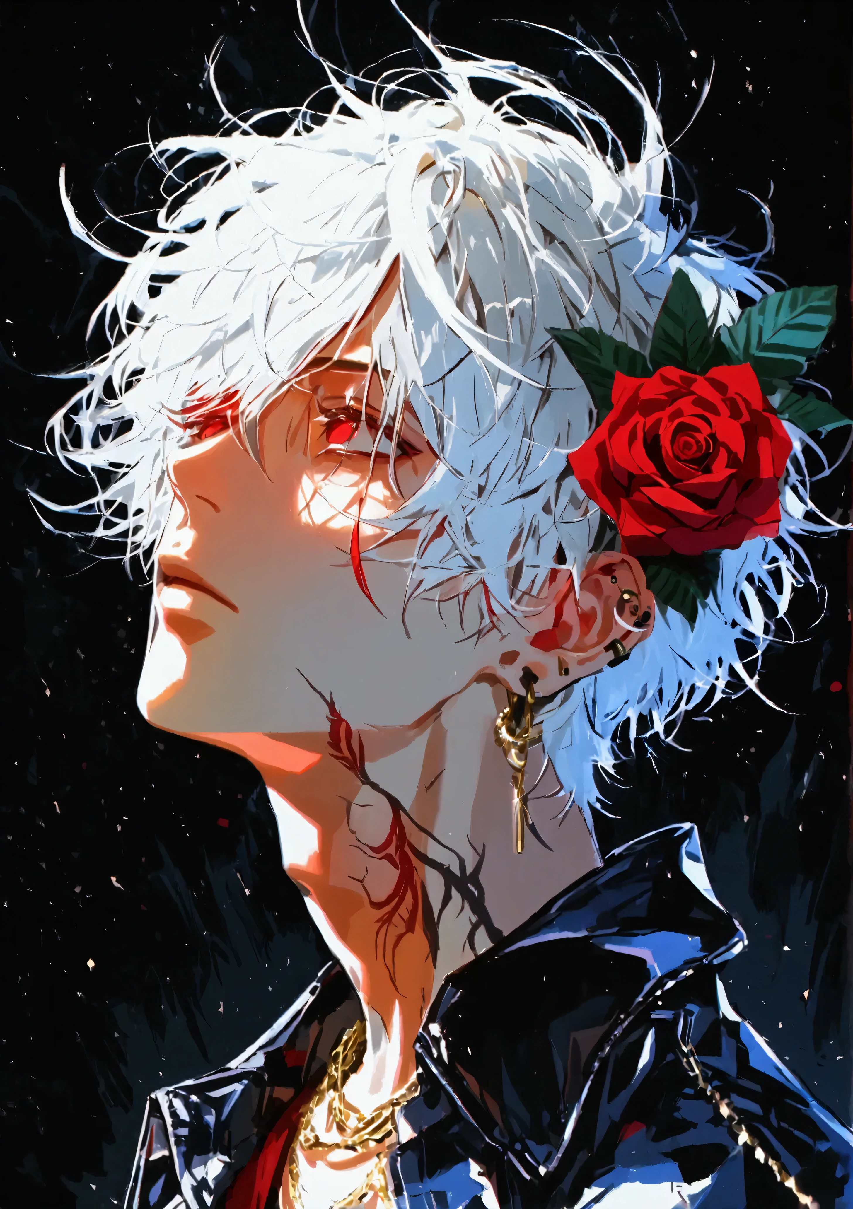 solo, Alone, 1 male, white hair with red inner color, short hair, messy hair, Fluttering hair, Red eyes, jacket, Stylish, stylish, Ear Piercing, red rose tattoo on neck, Gold Necklace , oversized shirt, Look up, Black Background