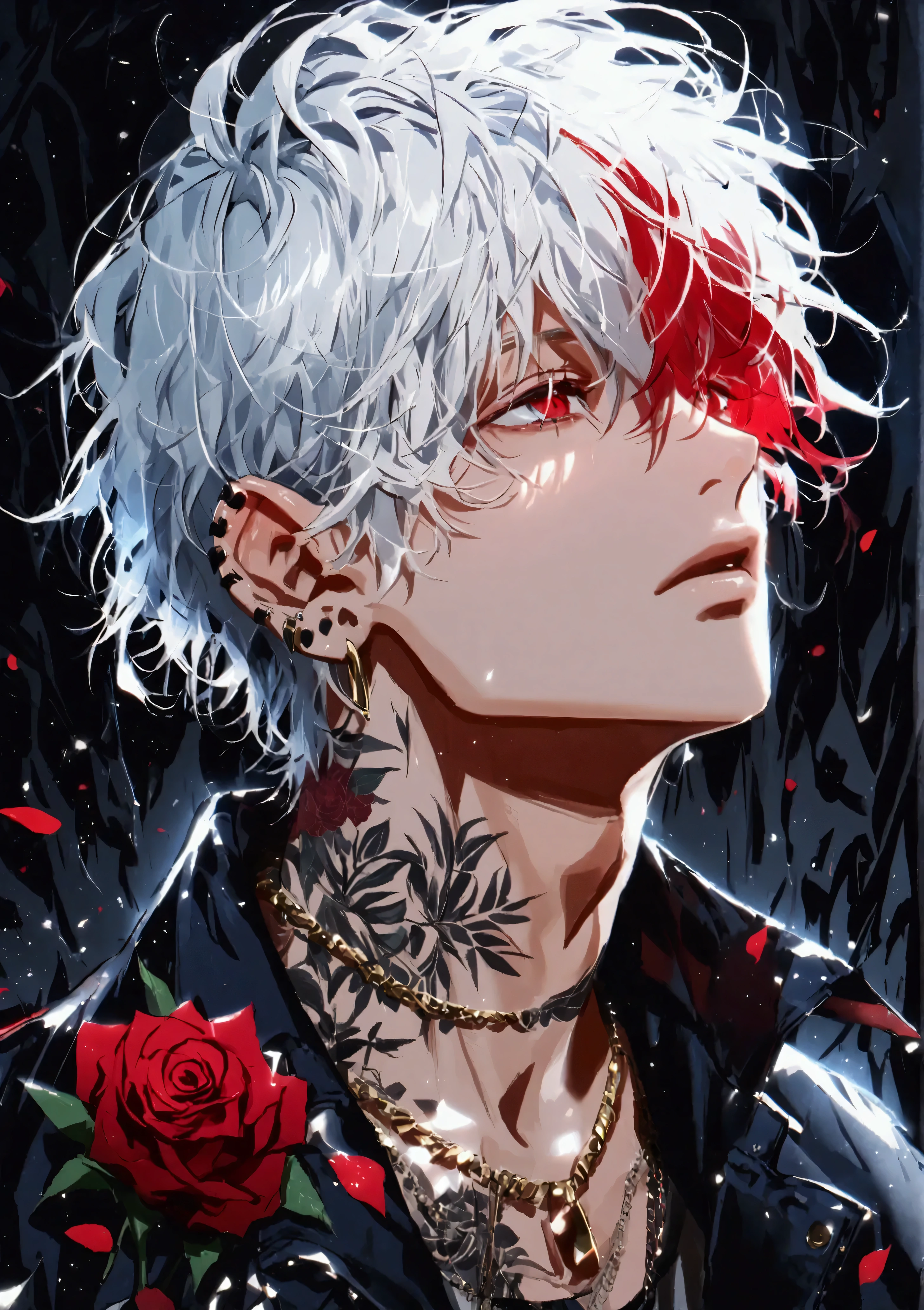 solo, Alone, 1 male, white hair with red inner color,  short hair, messy hair, Fluttering hair, Red eyes, jacket, Stylish, stylish, Ear Piercing, red rose tattoo on neck, Gold Necklace , oversized shirt, Look up, Black Background