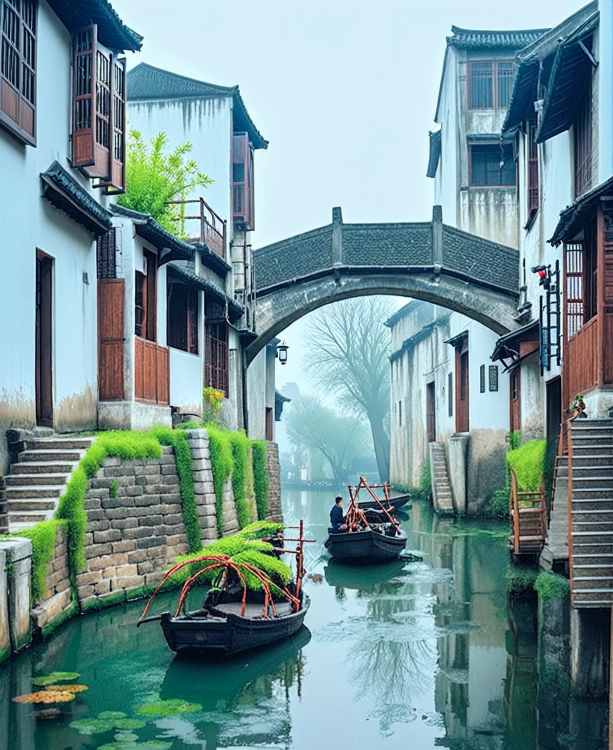 arafed canal with boats and buildings in a small town, zhouzhuang ancient town, dreamy chinese town, chinese village, beautiful image, ancient chinese architecture, by Li Zai, chinese architecture, by Ni Yuanlu, 🤬 🤮 💕 🎀, twisted waterway, canals, chinese style, canal, stunning sight, ancient city streets behind her