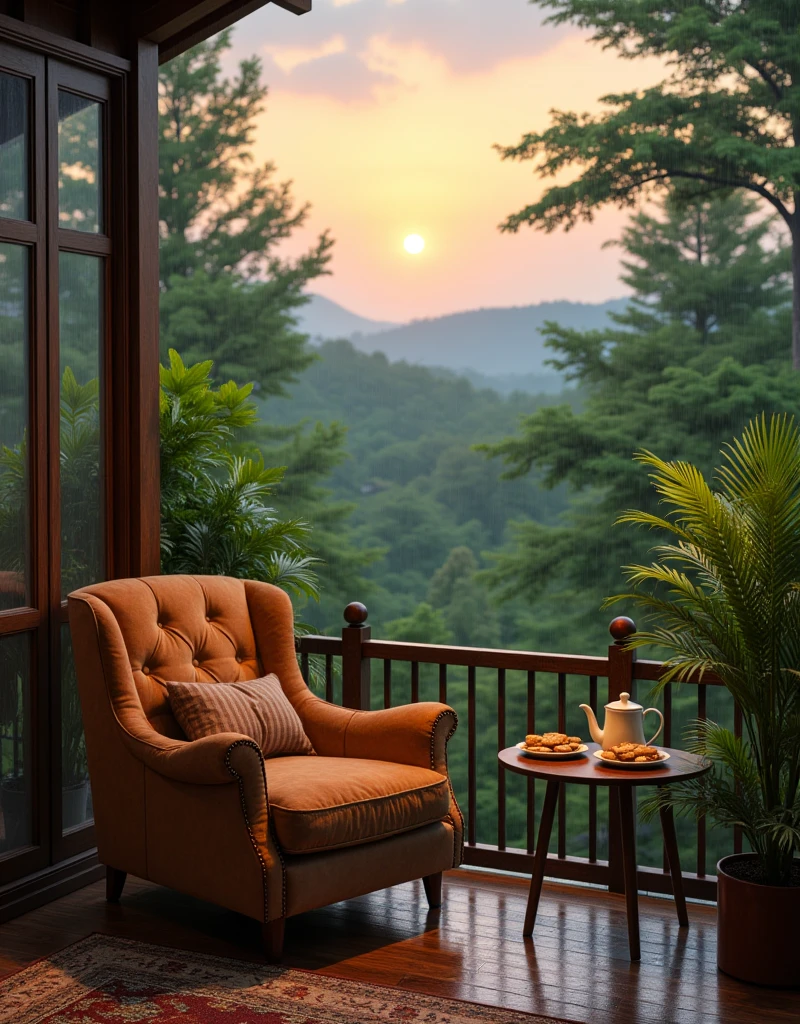 A comfort chair in a terrace of house with a table of a tea pot and biscuits on plate, a view of greenery forest in a rain, retro sunset