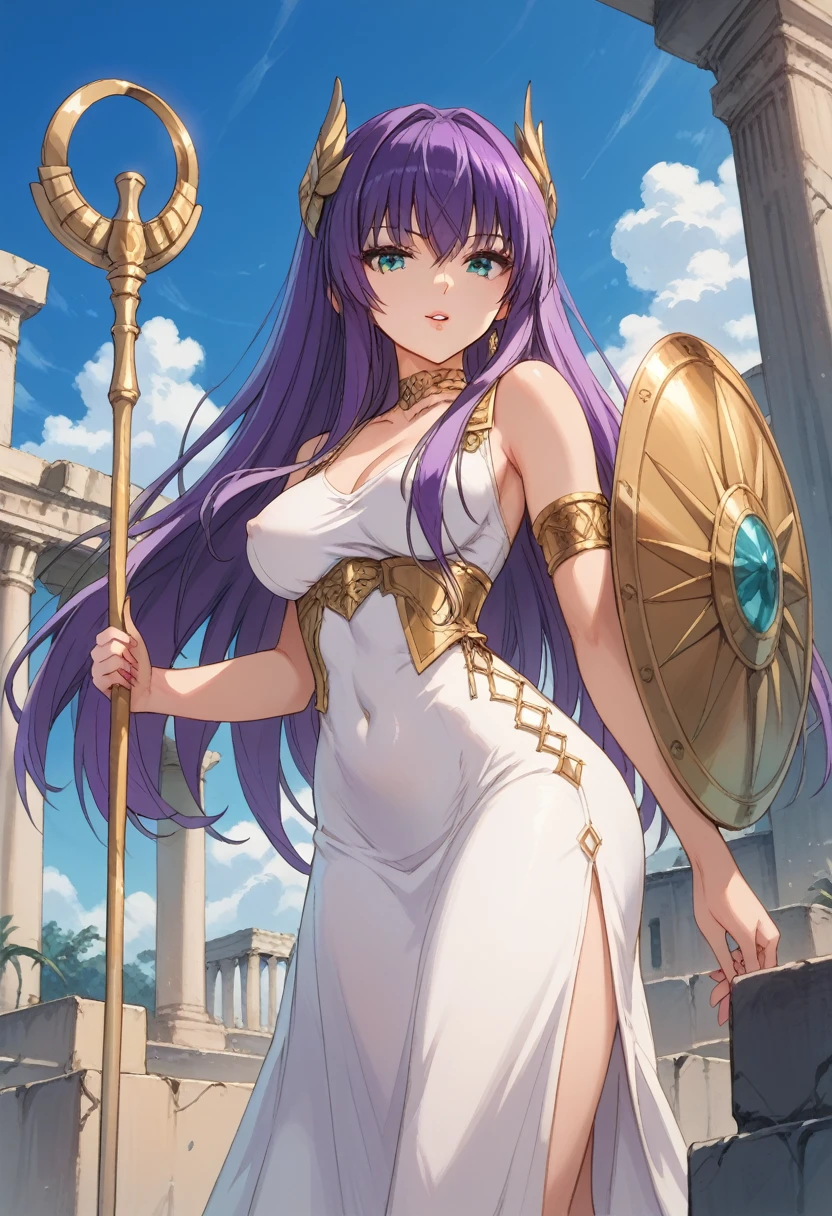 Score_9, Score_8_up, Score_7_up, Score_6_up, source_anime, (s40r1k1d0), Saori o Saint Seiya, Standing, dark aqua eyes, purple long hair, tight clothing, (sleeveless long white v-neck dress), gold choker, gold belt, gold armband, golden staff, golden shield,  stiletto high heels, covered nipples shape, navel shape, butt crack shape, medium_breasts, round ass, hip sway, thin waist, lewd face, open lips, detailed face, detailed eyes, Perspective, outdoor, Greek temple ruins, (back view), face closeup, dramatic lighting cinematic, hyperdetailed, insane details, intricate details, best quality.