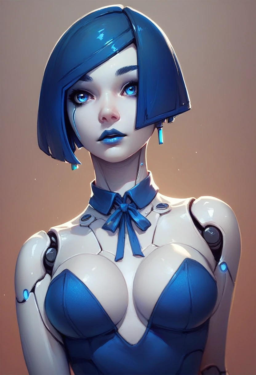  investment android, short hair, blue hair, robot joints, blue eyes, blue lips, elegant, AI related