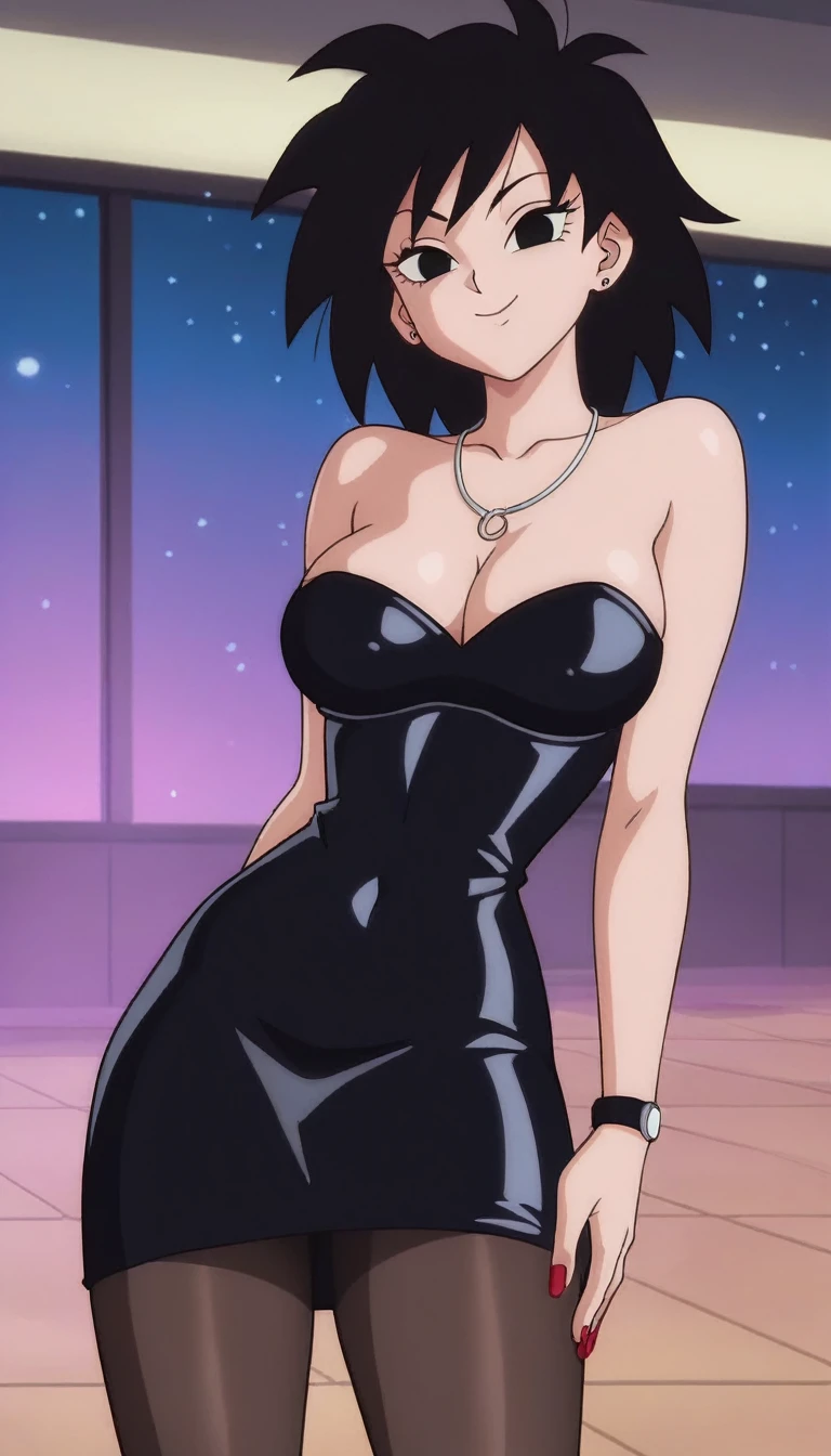 source_anime, score_9, score_8_up, score_7_up, anime screencap, absurd res, official style, gine, 1girl, solo, black hair, black eyes, closed mouth, bare shoulders, medium breast, a seductive smile, mouth closed, short black leather bodycon dress, strapless, sexy, sexual arousal, cleavage, necklace, red nails, dance floor, night club, smile, looking at viewers, cowboy shot, indoors, disco lighting, brown pantyhose 
