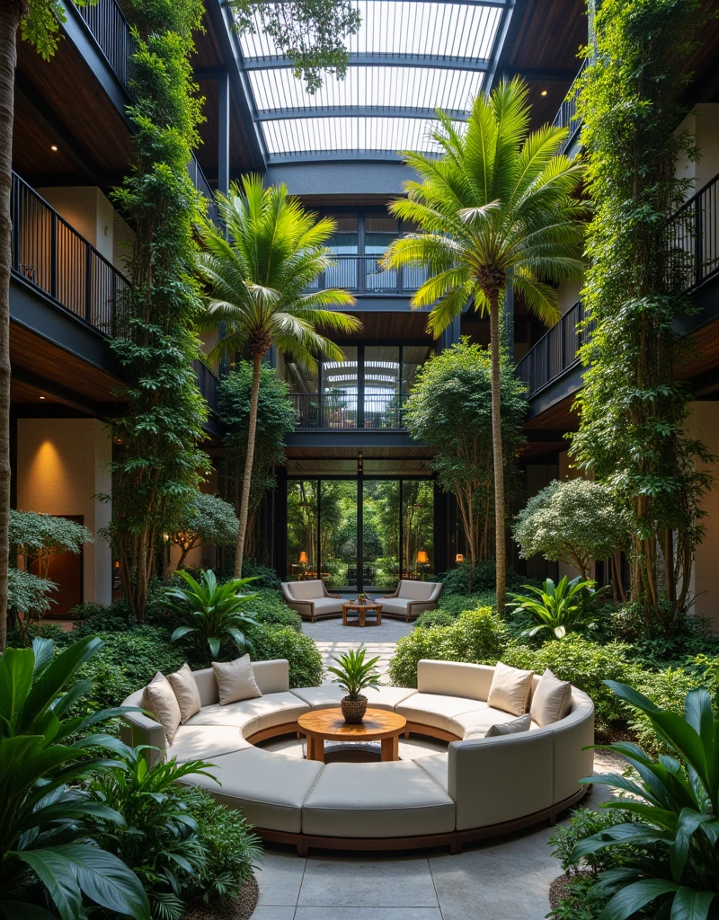 Green area in the center of a hotel with some comfortable seating