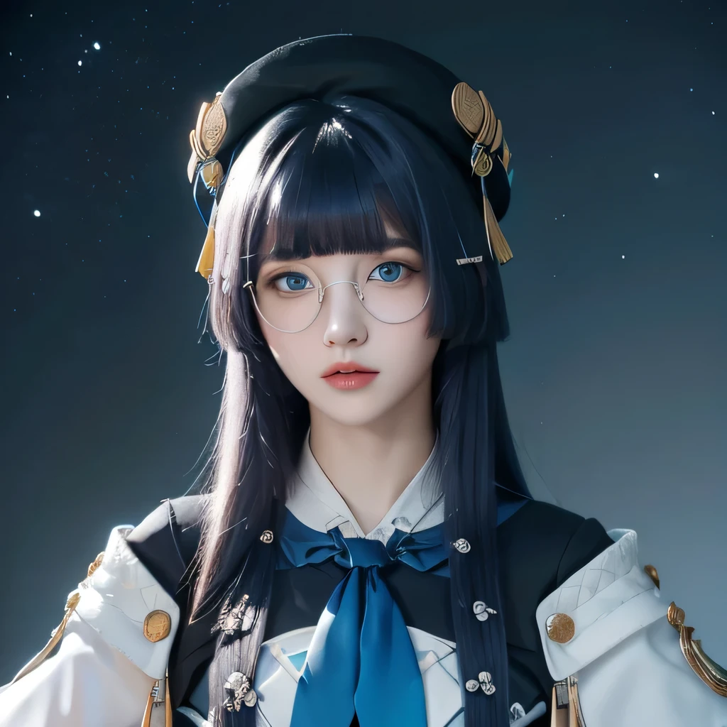 ((best quality)), ((masterpiece)), (detailed), perfect face, pela \(honkai star rail\), straight hair, hime cut hair, dark blue hair, light blue eyes, black beret, round glasses, white uniform, detached white sleeves, black gloves, light blue tie, white ribbon, golden ornaments, silver hair clips, 