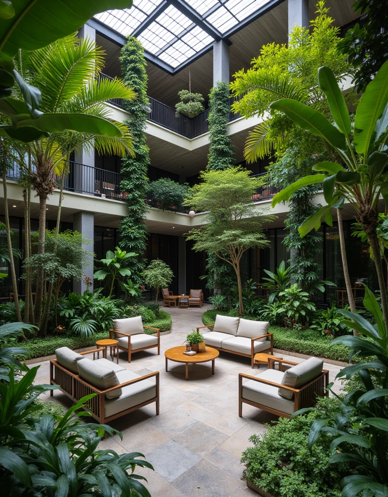 Green area in the center of a hotel with some comfortable seating