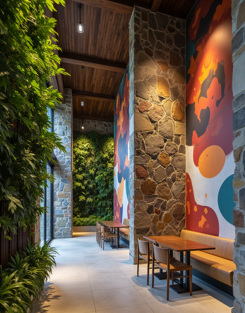 Walls: Use a mix of materials such as reclaimed wood, stone, and exposed concrete. Add a large abstract mural featuring organic shapes in earthy tones to create a focal point.
Vertical Gardens: Incorporate living green walls or vertical gardens to bring nature indoors, adding a fresh and lively atmosphere.